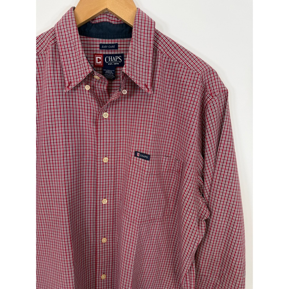 Chaps Mens Shirt L Gingham Check Red Navy Blue Long Sleeve Button Down Easy Care